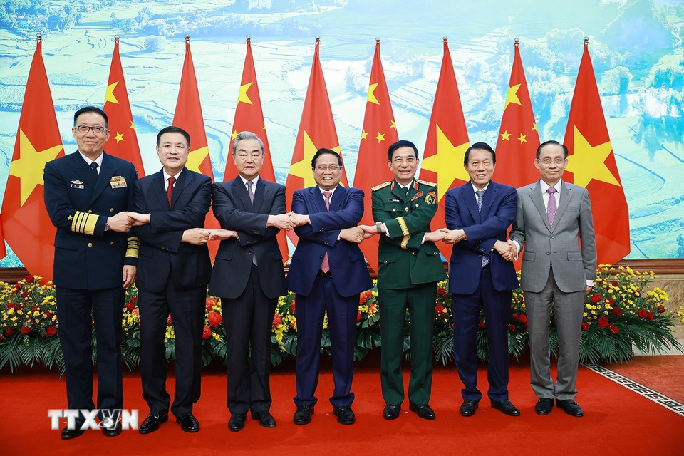 Thủ tướng Phạm Minh Chính tiếp Bộ trưởng Ngoại giao, Quốc phòng, Công an Trung Quốc sang dự Hội nghị lần thứ nhất, Cơ chế đối thoại chiến lược “3+3.” (Ảnh: Dương Giang/TTXVN)