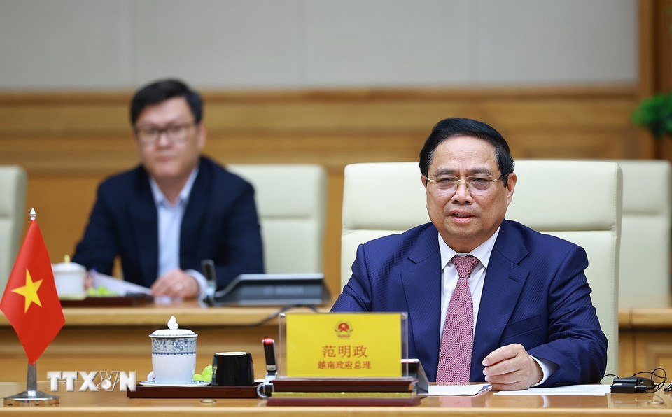 Thủ tướng Phạm Minh Chính tiếp Bộ trưởng Ngoại giao, Quốc phòng, Công an Trung Quốc sang dự Hội nghị lần thứ nhất, Cơ chế đối thoại chiến lược “3+3.” (Ảnh: Dương Giang/TTXVN)