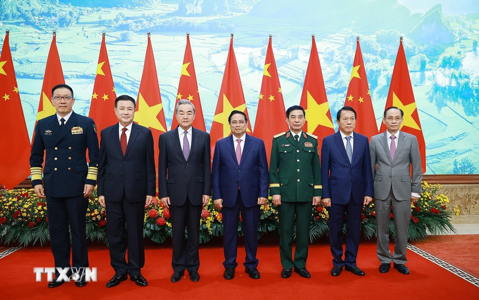 Thủ tướng Phạm Minh Chính tiếp Bộ trưởng Ngoại giao, Quốc phòng, Công an Trung Quốc sang dự Hội nghị lần thứ nhất, Cơ chế đối thoại chiến lược “3+3.” (Ảnh: Dương Giang/TTXVN)