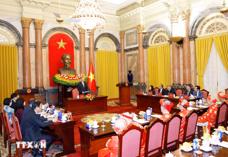 Tổng Bí thư, Chủ tịch nước Tô Lâm phát biểu tại buổi gặp mặt. (Ảnh: Thống Nhất/TTXVN)