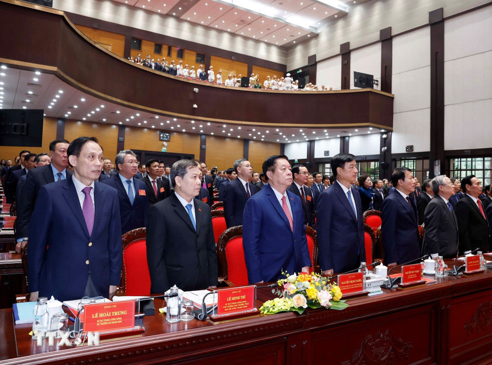 Các đại biểu thực hiện nghi lễ chào cờ. (Ảnh: Thống Nhất/TTXVN)