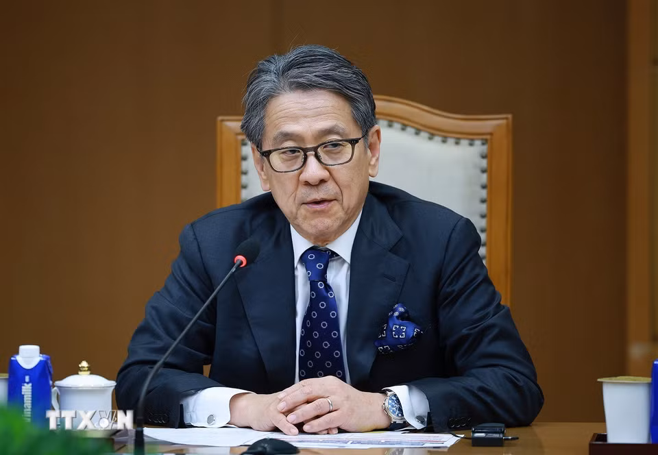 Ông Maeda Tadashi, Chủ tịch Ngân hàng hợp tác quốc tế Nhật Bản (JBIC) phát biểu. (Ảnh: Dương Giang/TTXVN)