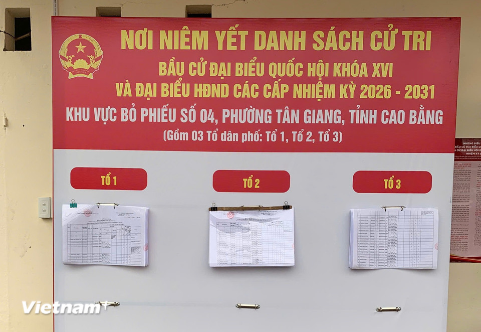 Niêm yết danh sách cử tri bầu cử đại biểu Quốc hội Việt Nam khóa XVI và đại biểu Hội đồng nhân dân các cấp nhiệm kỳ 2026-2031, khu vực bỏ phiếu số 4, phường Tân Giang, tỉnh Cao Bằng. (Ảnh: Vietnam+)