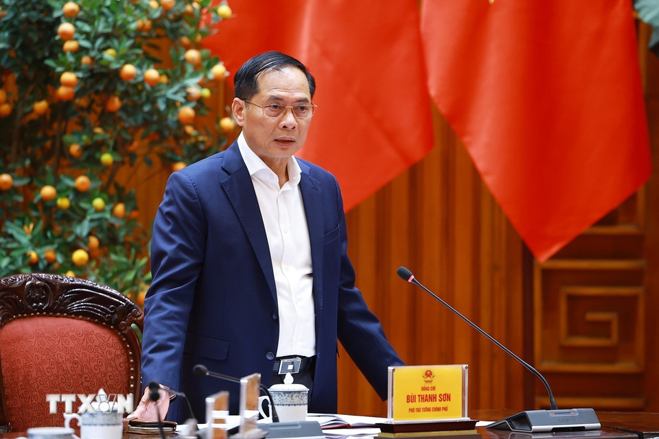 Phó Thủ tướng Bùi Thanh Sơn, Tổ trưởng Tổ công tác bảo đảm an ninh năng lượng phát biểu. (Ảnh: Dương Giang/TTXVN)