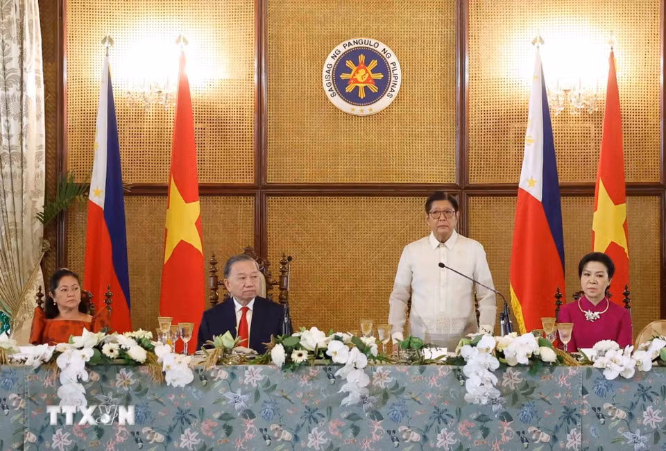 Tổng thống Philippines Ferdinand Romualdez Marcos Jr. phát biểu tại tiệc chiêu đãi chào mừng Tổng Bí thư, Chủ tịch nước Tô Lâm và Phu nhân. (Ảnh: Thống Nhất/TTXVN)