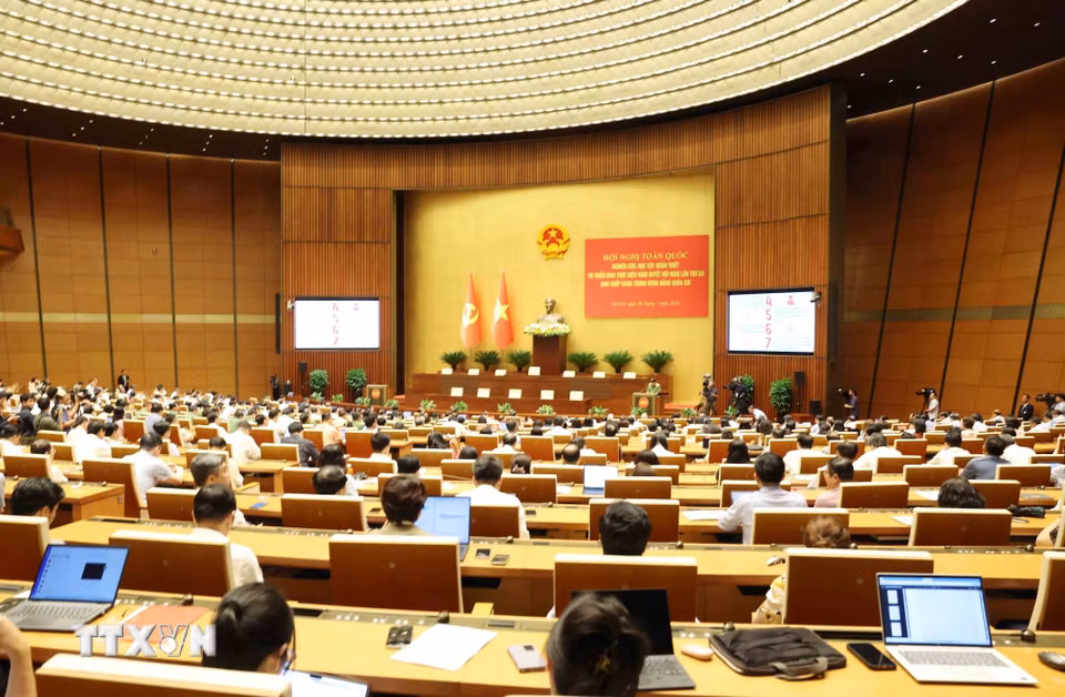 Toàn cảnh hội nghị tại điểm cầu trung tâm - Hội trường Diên Hồng, Nhà Quốc hội (Hà Nội). (Ảnh: Phương Hoa/TTXVN)