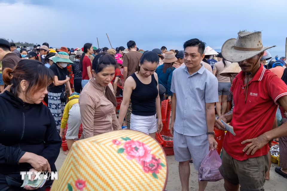 Du khách tìm đến chợ cá Tam Tiến từ sáng sớm để tận mắt chứng kiến cảnh tàu của ngư dân cập bờ, bán hải sản và cảm nhận nhịp sống của một làng chài ven biển. (Ảnh: Xuân Quý/TTXVN)