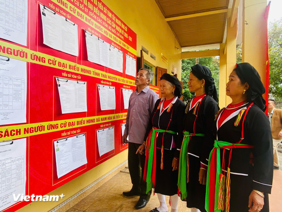 Các cử tri xã Nam Hòa tìm hiểu thông tin về các ứng cử viên. (Ảnh: Vietnam+)