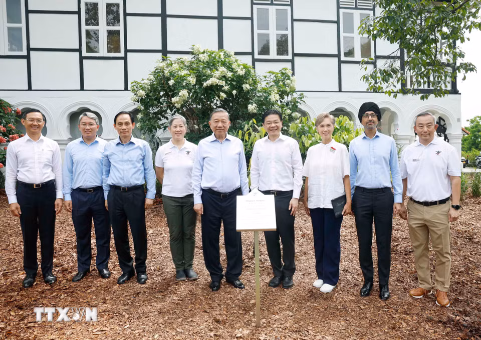 Tổng Bí thư, Chủ tịch nước Tô Lâm và Thủ tướng Singapore Lawrence Wong và các đại biểu. (Ảnh: Thống Nhất/TTXVN)