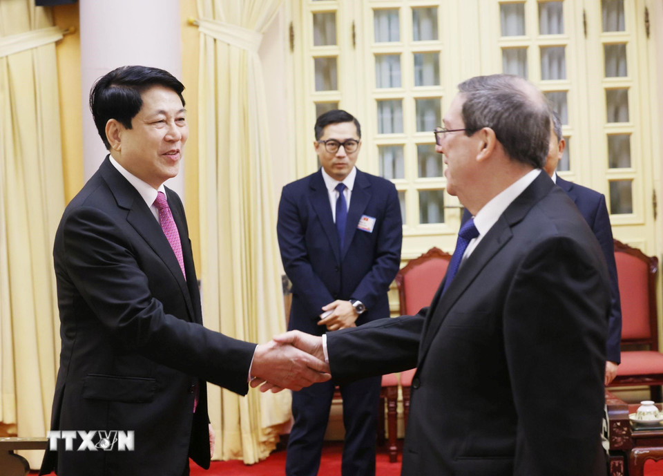 Chủ tịch nước Lương Cường tiếp Đặc phái viên Đảng Cộng sản Cuba, Nhà nước Cộng hòa Cuba, Ủy viên Bộ Chính trị, Bộ trưởng Ngoại giao Cuba Bruno Rodríguez Parrilla. (Ảnh: Lâm Khánh/TTXVN)