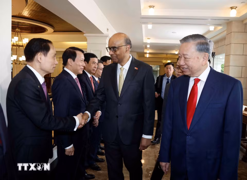 Tổng Bí thư, Chủ tịch nước Tô Lâm giới thiệu với Tổng thống Singapore Tharman Shanmugaratnam thành viên đoàn đại biểu cấp cao Việt Nam dự Lễ đón. (Ảnh: Thống Nhất/TTXVN)