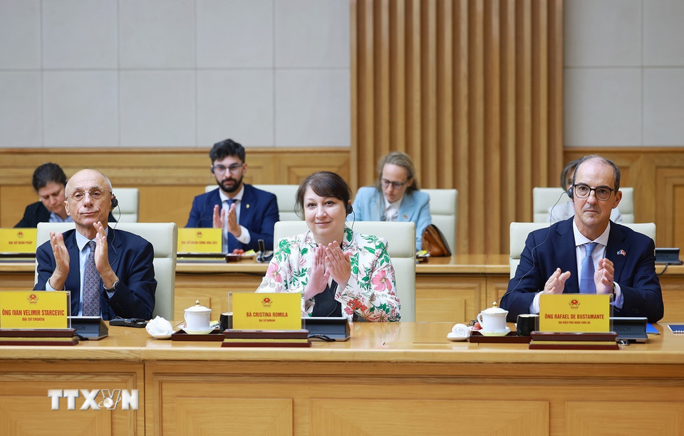 Đại diện Phái đoàn Liên minh châu Âu tại Việt Nam và Đại sứ các nước thành viên EU tại Việt Nam tham dự buổi tiếp. (Ảnh: Dương Giang/TTXVN)