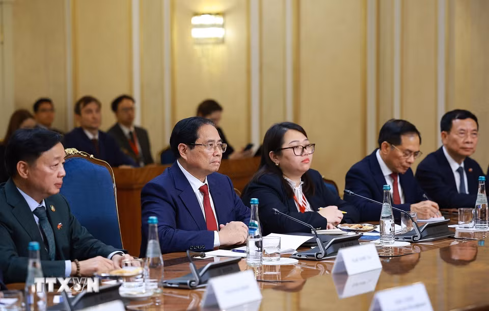 Thủ tướng Phạm Minh Chính phát biểu tại cuộc hội kiến Chủ tịch Hội đồng Liên bang (Thượng viện Nga) Valentina Matviyenko. (Ảnh: Dương Giang/TTXVN)