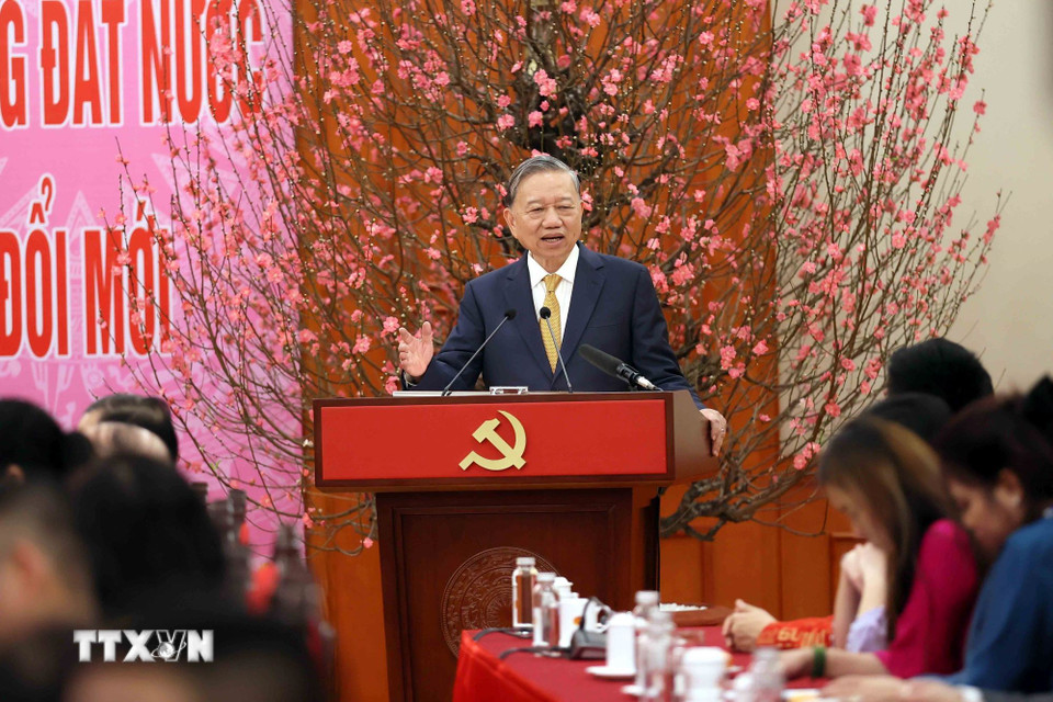 Tổng Bí thư Tô Lâm phát biểu tại buổi gặp mặt. (Ảnh: An Đăng/TTXVN)