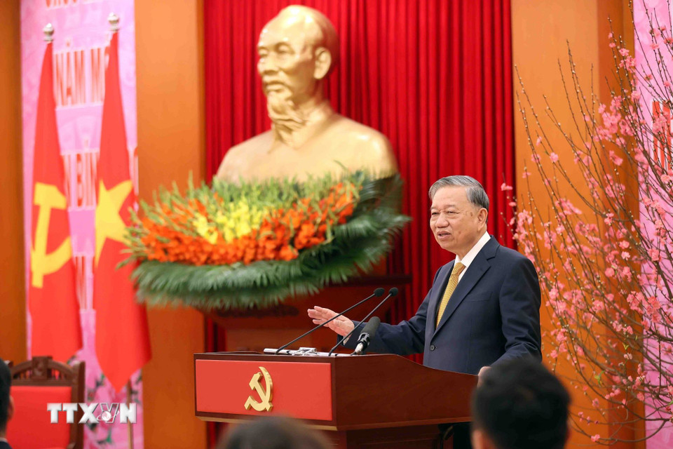 Tổng Bí thư Tô Lâm phát biểu tại buổi gặp mặt. (Ảnh: An Đăng/TTXVN)