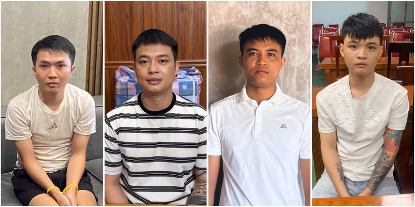 Các đối tượng Nguyễn Tiến Lâm (chủ mưu), Thái Văn Hoài, Trần Như Luật và Phạm Ngọc Tú ( từ trái qua phải). (Ảnh: Công an tỉnh Thanh Hóa/TTXVN phát)