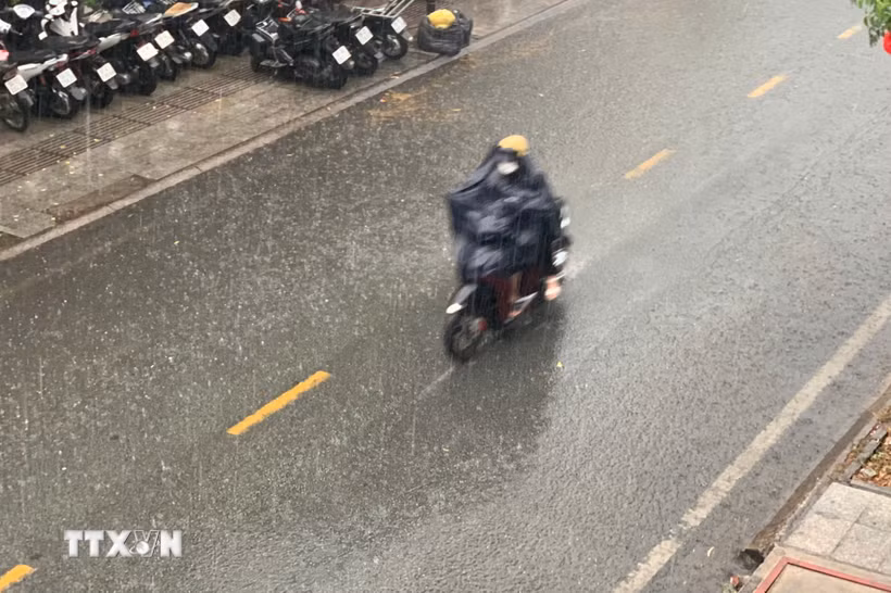Người dân đi trong cơn mưa. (Ảnh: Hồng Đạt /TTXVN)