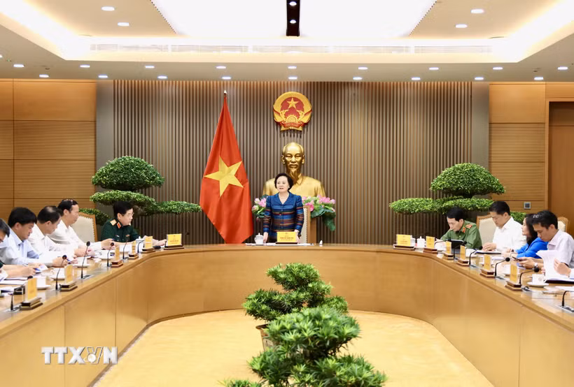 Bí thư Trung ương Đảng, Phó Thủ tướng Phạm Thị Thanh Trà, Trưởng Ban Chỉ đạo quốc gia về tìm kiếm, quy tập và xác định danh tính hài cốt liệt sỹ chủ trì buổi làm việc. (Ảnh: TTXVN)