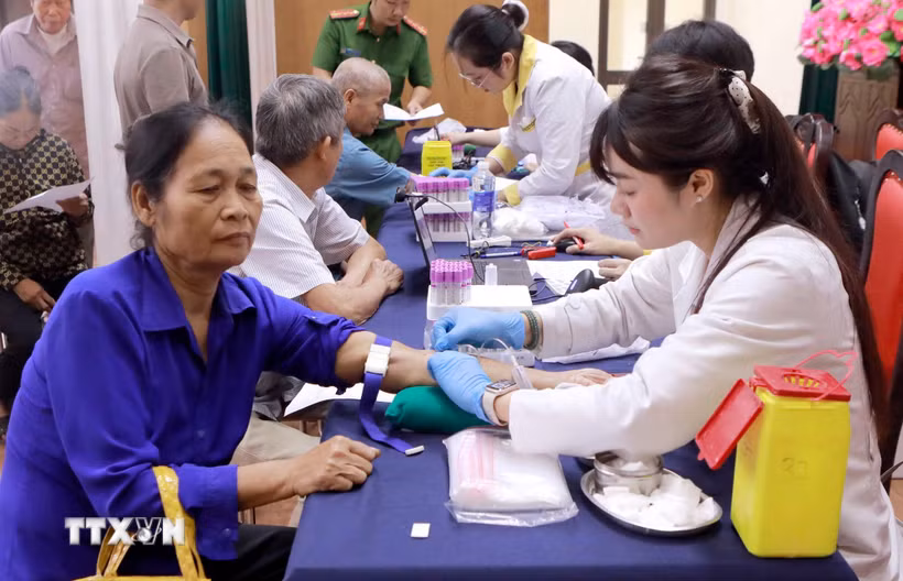 Kỹ thuật viên lấy mẫu máu thân nhân liệt sỹ phục vụ xét nghiệm ADN, xác định danh tính hài cốt liệt sỹ. (Ảnh: Hoàng Hùng/TTXVN)