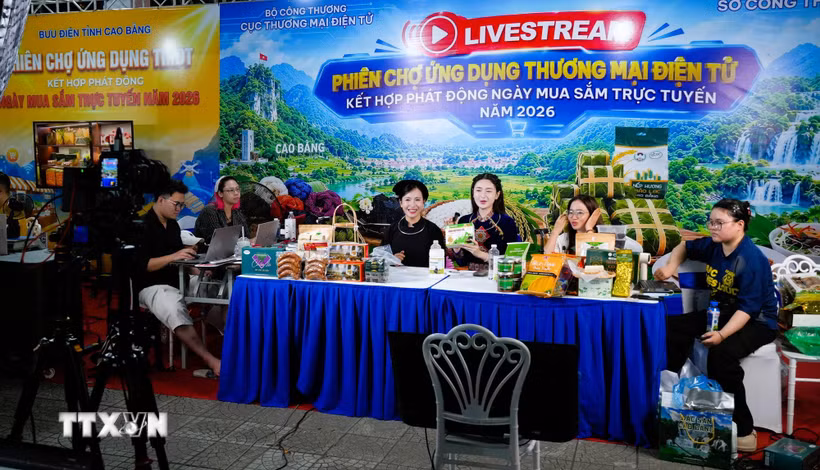 Bán hàng trực tuyến trên các nền tảng tại phiên chợ ứng dụng thương mại điện tử. (Ảnh: Chu Hiệu/TTXVN)
