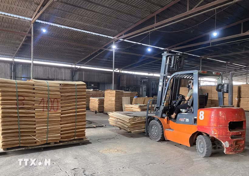 Sản xuất ván ép tại Công ty Cổ phần Xây dựng và Thương mại Thái Hoàng, Khu công nghiệp Nam Quang, xã Vĩnh Tuy, tỉnh Tuyên Quang. (Ảnh: Minh Tâm/TTXVN)