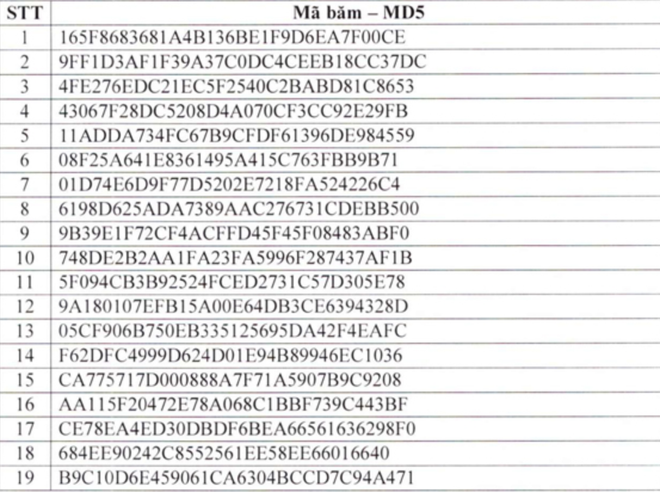 Danh sách mã băm (Nguồn: Cục An toàn thông tin) Hacker đang mở đợt tấn công có chủ đích trên diện rộng vào Việt Nam ảnh 3