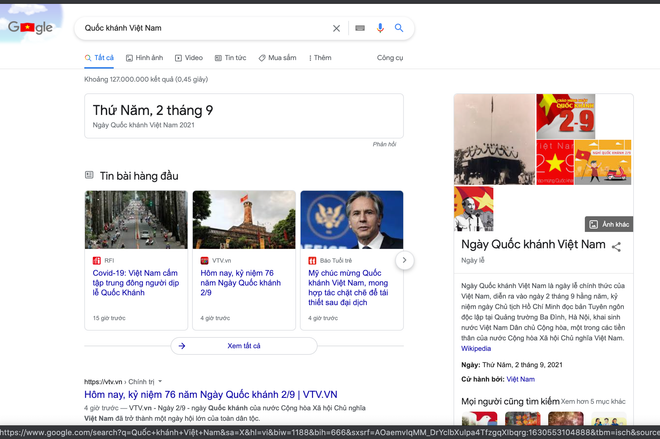 Khi click vào biểu tượng, Google sẽ dẫn người dùng tới những nội dung giải thích sự ra đời của ngày Quốc khánh Việt Nam. (Ảnh chụp màn hình) Google thay đổi giao diện chào mừng Quốc khánh Việt Nam ảnh 2