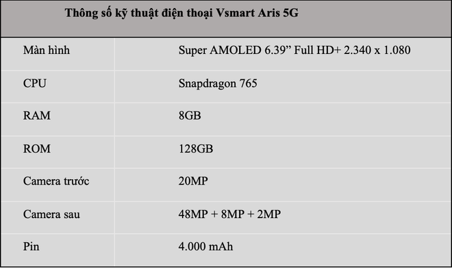 Cấu hình dự kiến của Vsmart Aris 5G. Việt Nam lần đầu tiên có điện thoại smartphone tích hợp công nghệ 5G ảnh 2