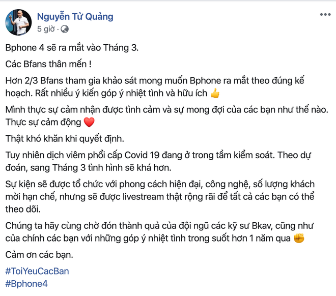 CEO Nguyễn Tử Quảng chia sẻ trên trang cá nhân. (Ảnh chụp màn hình) CEO BKAV Nguyễn Tử Quảng: Bphone 4 sẽ ra mắt vào tháng Ba ảnh 1