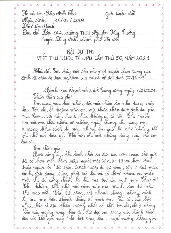 Nữ sinh lớp 8 ở Hà Nội đoạt giải Nhất cuộc thi viết thư quốc tế UPU ảnh 2