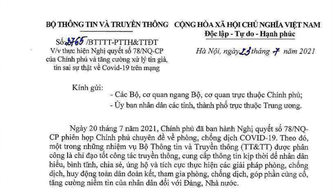 Công văn số 2765/BTTTT-PTTH&TTĐT ngày 23/07/2021 về việc thực hiện Nghị quyết số 78/NQ-CP của Chính phủ và tăng cường xử lý tin giả, tin sai sự thật về Covid-19 trên mạng. Bộ Thông tin Truyền thông ban hành công văn xử lý tin giả về COVID-19 ảnh 2