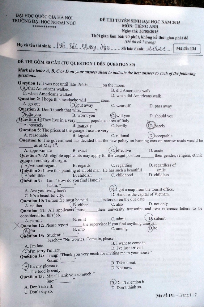 Đề thi tuyển sinh năm 2015 môn Ngoại ngữ của Đại học Quốc gia ảnh 1