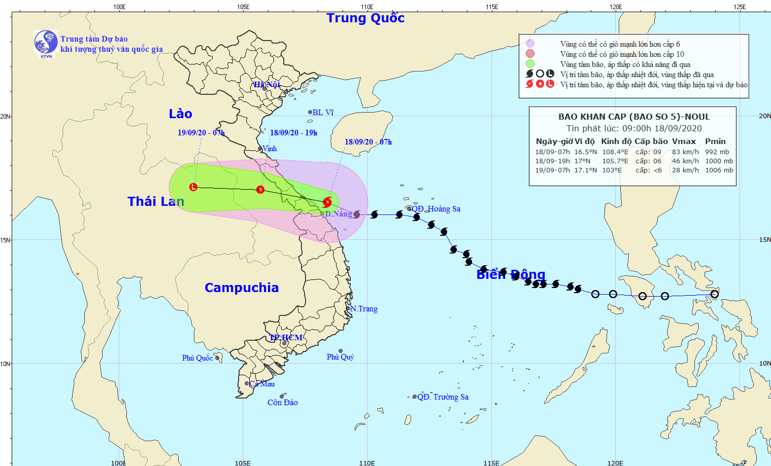 Vị trí và đường đi của bão số 5. (Nguồn: nchmf.gov.vn) Bão số 5 đổ bộ, gây gió mạnh ở vùng ven biển Quảng Trị ảnh 1