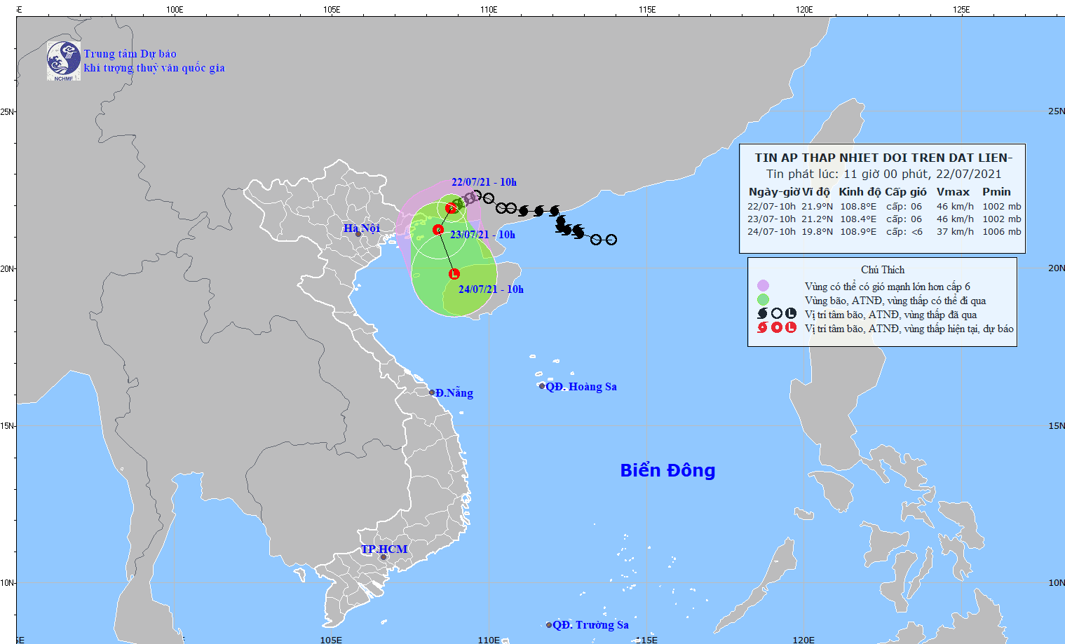 Vị trí và đường đi dự kiến của áp thấp nhiệt đới. (Nguồn: nchmf.gov.vn) Áp thấp nhiệt đới khả năng suy yếu trước khi vào vịnh Bắc Bộ ảnh 1