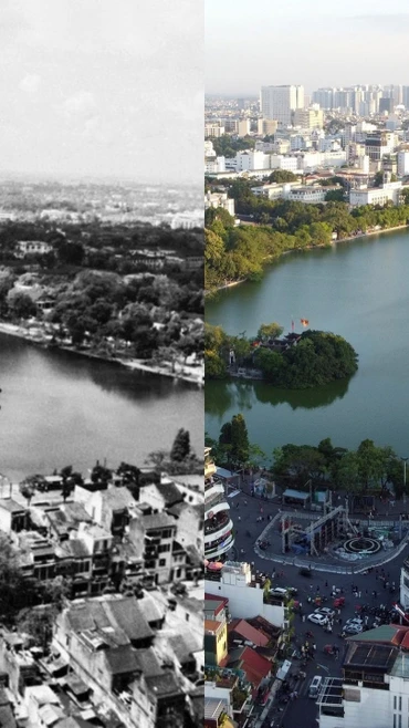 Toàn cảnh khu vực hồ Hoàn Kiếm (1985) và hồ Hoàn Kiếm ngày nay. (Nguồn: TTXVN)