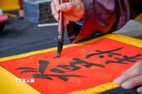 Mỗi câu chữ vừa là ước nguyện, vừa là lời nhắc nhở để mọi người hướng tới những giá trị tốt đẹp hơn trong cuộc sống. (Ảnh: Khánh Hòa/TTXVN)