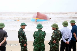 Lên phương án trục vớt tàu cá bị đánh chìm và dạt vào tại khu vực biển xã Bắc Trạch. (Ảnh: Tá Chuyên/TTXVN)