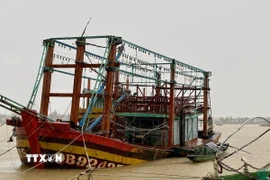 Mưa to khiến nước sông Nhật Lệ (phường Đồng Hới, tỉnh Quảng Trị) dâng cao tràn vào tàu thuyền neo đậu tại bờ sông. (Ảnh: Võ Dung/TTXVN)