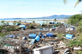 Lồng bè và ô nuôi trồng thủy sản tỉnh Đắk Lắk bị ảnh hưởng của bão số 13. (Ảnh: Tuấn Anh/TTXVN)