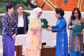 Phu nhân Chủ tịch Quốc hội Nguyễn Thị Thanh Nga tặng quà cho các đại biểu Nhóm Phụ nữ cộng đồng ASEAN. (Ảnh: Minh Đức/TTXVN)