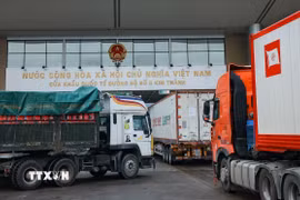 Xe chở hàng xuất khẩu làm thủ tục thông quan tại Cửa khẩu quốc tế đường bộ số II Kim Thành. (Ảnh: Hoàng Hiếu/TTXVN)