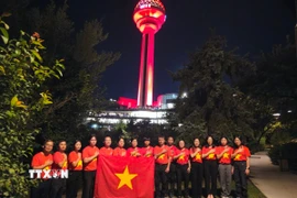 Đại sứ quán và đại diện cộng đồng người Việt tại Thổ Nhĩ Kỳ thực hiện nghi lễ chào cờ. (Ảnh: TTXVN phát)