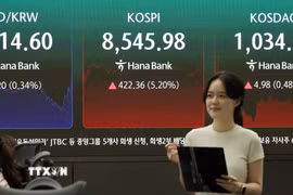 Bảng điện tử hiển thị chỉ số Kospi tại Seoul, Hàn Quốc ngày 15/6. (Ảnh: Yonhap/TTXVN)