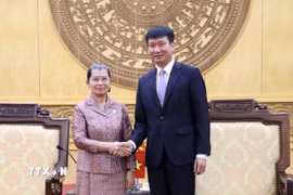 Ông Trần Huy Tuấn, Bí thư Tỉnh ủy Ninh Bình, tiếp Phó Chủ tịch Đảng Nhân dân Campuchia, bà Men Sam An. (Ảnh: Thùy Dung/TTXVN)