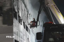 Hiện trường vụ cháy nhà máy sản xuất phụ tùng ôtô ở Daejeon, Hàn Quốc. (Ảnh: THX/TTXVN)