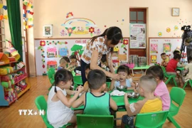 Bữa ăn bán trú của trẻ mẫu giáo trường Mầm non Lý Nam Đế (xã Hồng Minh, tỉnh Hưng Yên). (Ảnh: Thu Hoài/TTXVN)