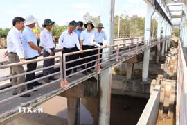 Phó Chủ tịch UBND tỉnh Vĩnh Long Châu Văn Hòa (thứ 4, từ trái qua) cùng sở, ngành khảo sát tại cống Vĩnh Kim (xã Vinh Kim). (Ảnh: Thanh Hòa/TTXVN)