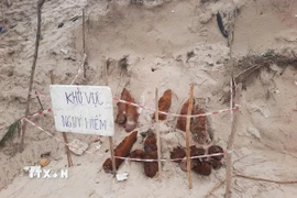 Đồn Biên phòng Triệu Vân (Bộ đội Biên phòng Quảng Trị) và các đơn vị chức năng khoanh vùng hiện trường, cắm biển cảnh báo nguy hiểm khu vực bom mìn sót lại sau chiến tranh. (Ảnh: TTXVN phát)
