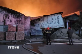 Lực lượng chức năng triển khai các phương án dập lửa, chống cháy lan. (Ảnh: Mạnh Khánh/TTXVN)