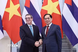 Phó Thủ tướng, Bộ trưởng Ngoại giao Bùi Thanh Sơn đón Bộ trưởng Ngoại giao Cuba Bruno Rodríguez Parrilla. (Ảnh: An Đăng/TTXVN)